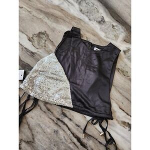 NWT Amy Lynn Designer Black Silver Sequin  Crop Top Goth Going Out Womens S